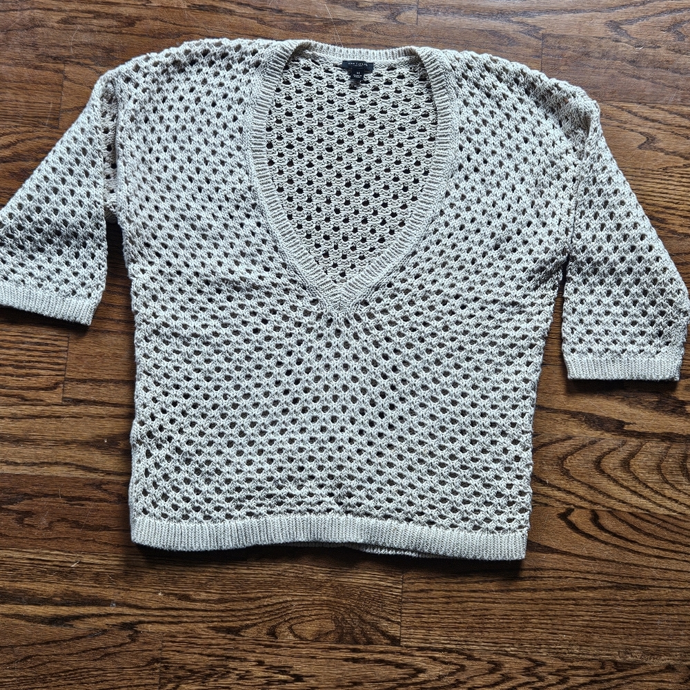 Ann Taylor Open Knit Crochet Deep V Neck Sweater Cream Size M
